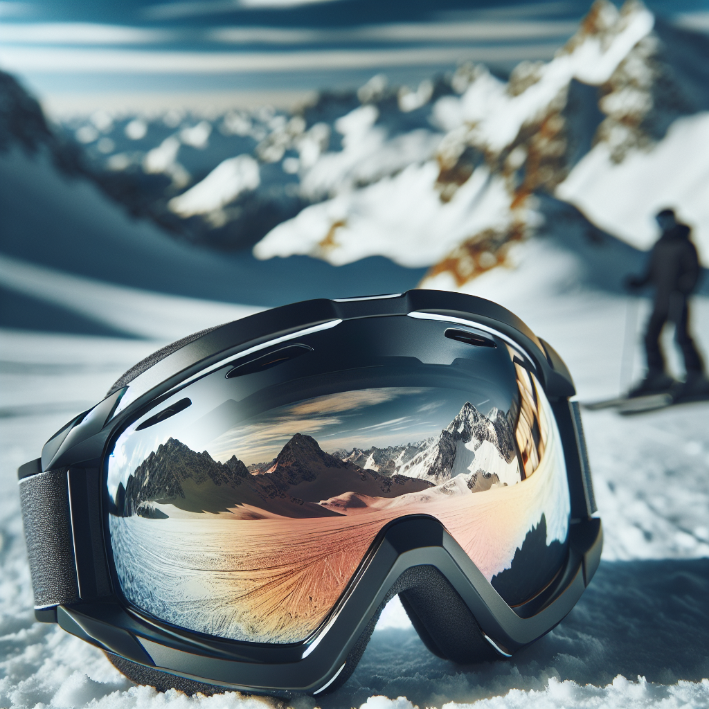 Nærbilde av premium skibriller på snødekt fjellandskap, fokus på reflekterende linse og moderne design
