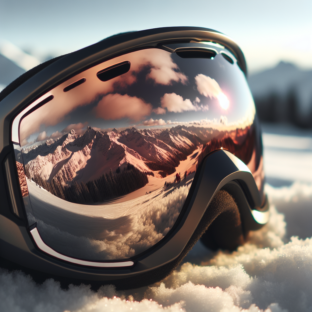 Nærbilde av moderne skibriller på snø, refleksjon av fjell i linsen og mykt naturlig lys