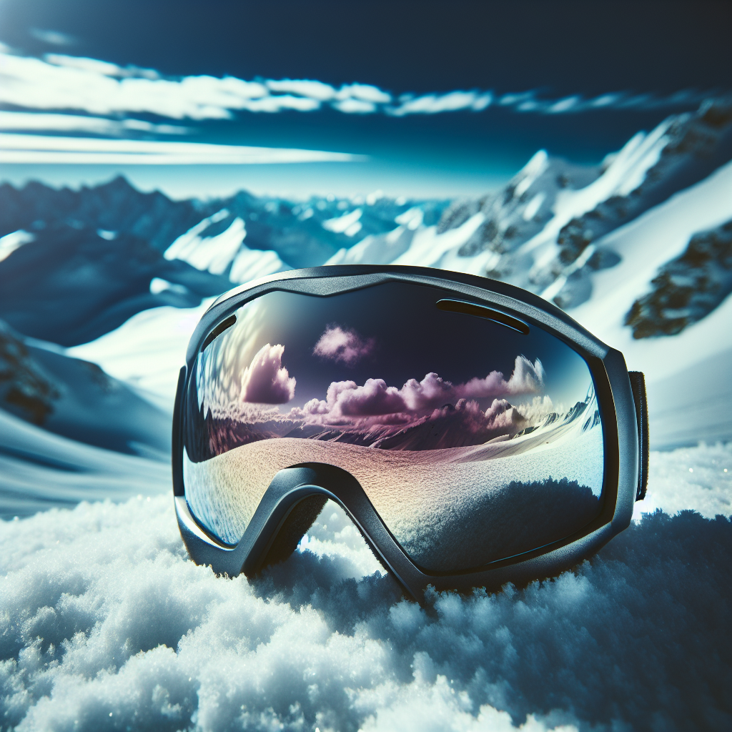 Nærbilde av polariserte skibriller på snødekt bakgrunn med fjell og klar blå himmel, høy kontrast, reflekterende linse, moderne sportsstil