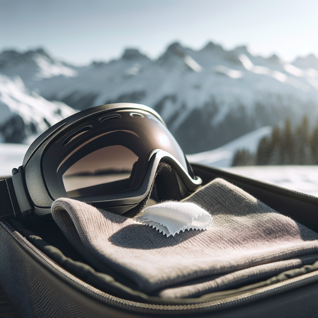 Nærbilde av et par skibriller på et mykt etui med mikrofiberklut ved siden av, snødekte fjell i bakgrunnen, klart lys, høy detaljrikdom